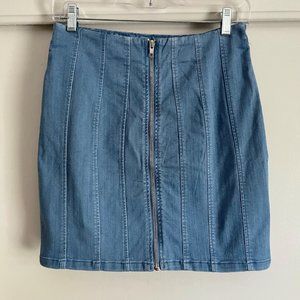 Haute Monde Blue Medium Wash Stretch Denim Jean Full Zip Front Mini Skirt M